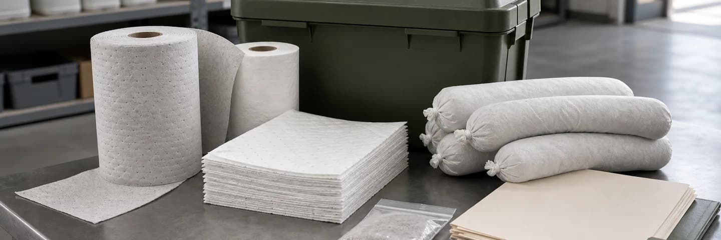 Absorbent pads, boom rolls, gloves, and spill-response materials organized on a maintenance shelf
