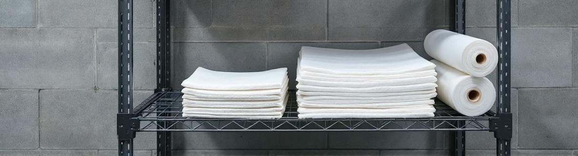 Representative spill control category image with absorbent pads and boom rolls on a maintenance shelf