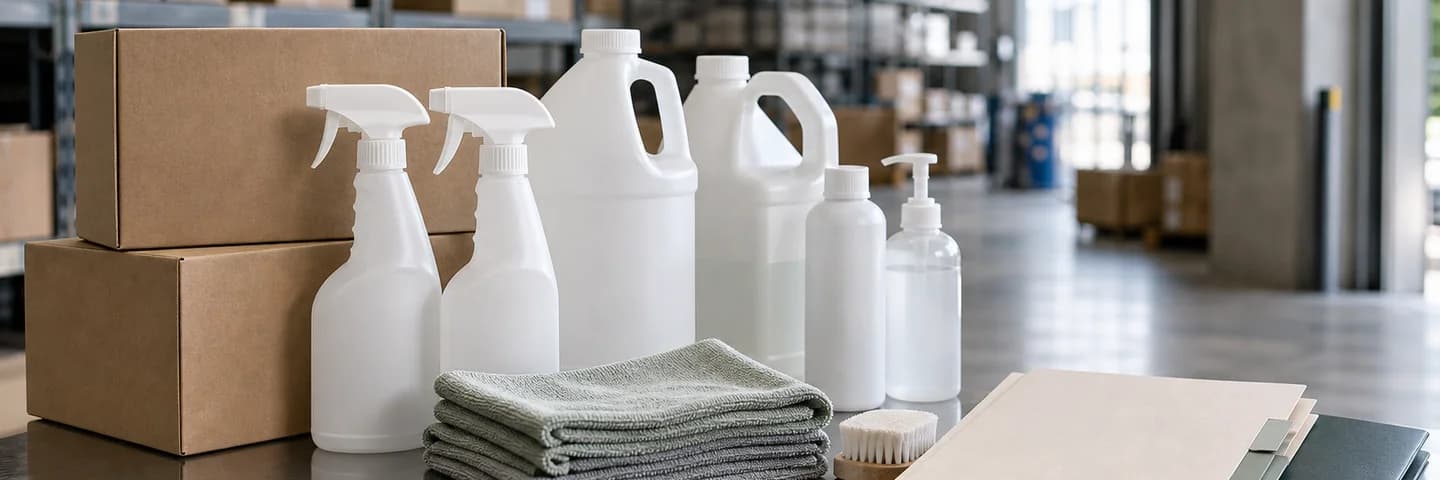 Unbranded biobased cleaning concentrates, spray bottles, microfiber towels, and review notes staged for facility sourcing