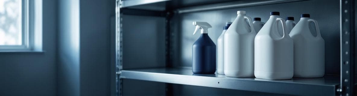 Institutional cleaning supply containers on a government facility shelf — matte navy and white concentrate jugs and spray bottles
