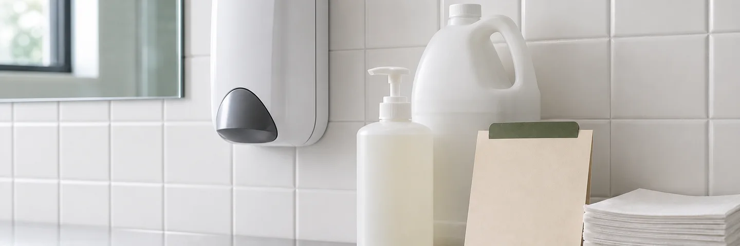 Commercial hand-care dispenser, refill containers, and product review notes staged for restroom sourcing