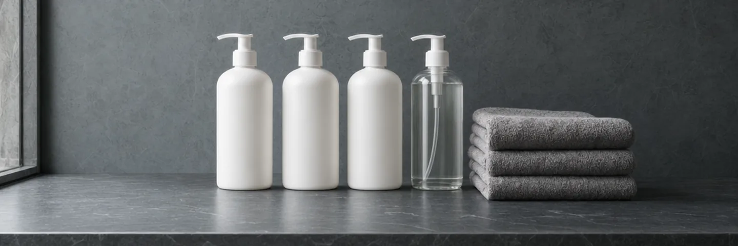 Three white pump bottles, a clear pump bottle and folded grey towels on a dark slate counter