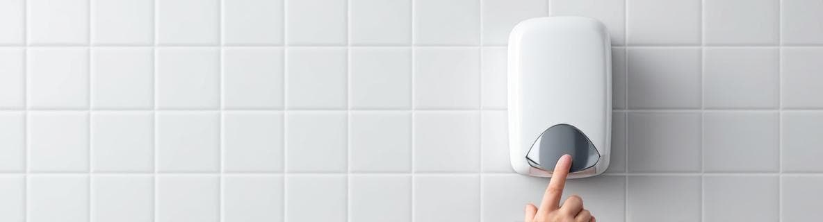 Representative hand soap and sanitizer category image with a commercial wall dispenser