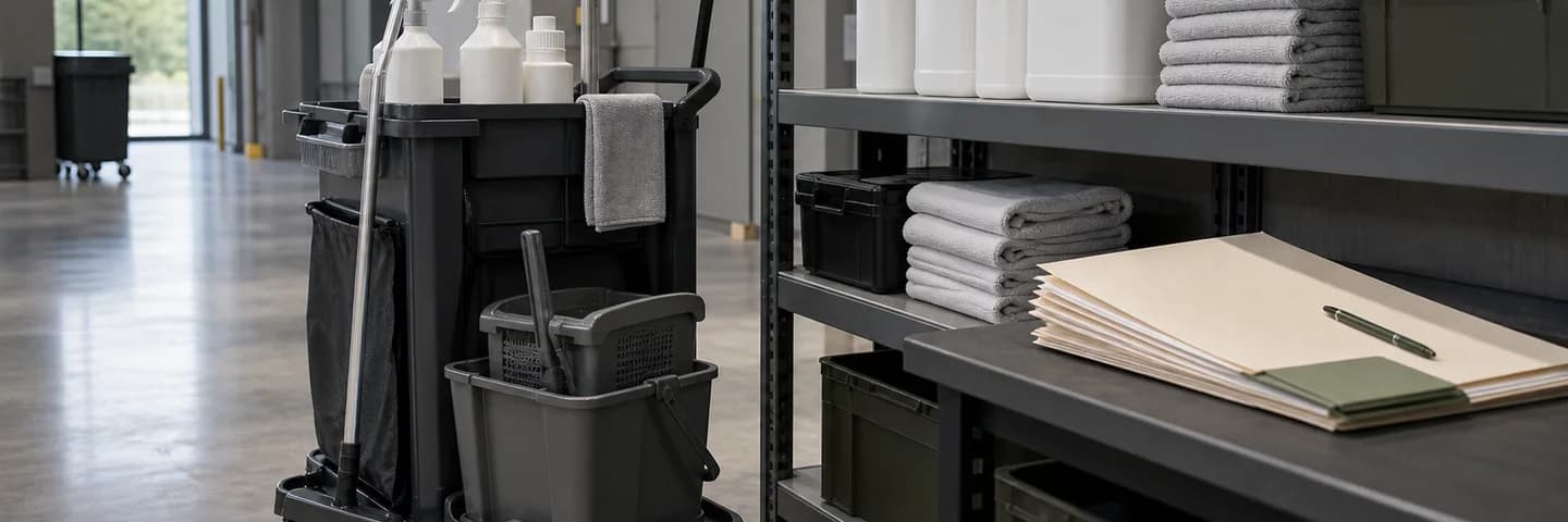 Facility floor-care equipment, restroom supplies, and maintenance containers staged as a biobased janitorial sourcing set