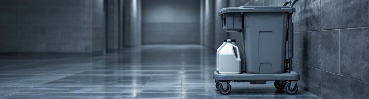 Commercial floor care equipment in a government service corridor — gray metal mop cart with wringer bucket and concentrate jugs