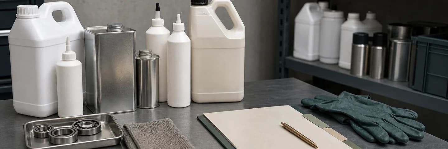 Industrial lubricant cans and maintenance jugs organized on shelving for equipment and fleet sourcing review