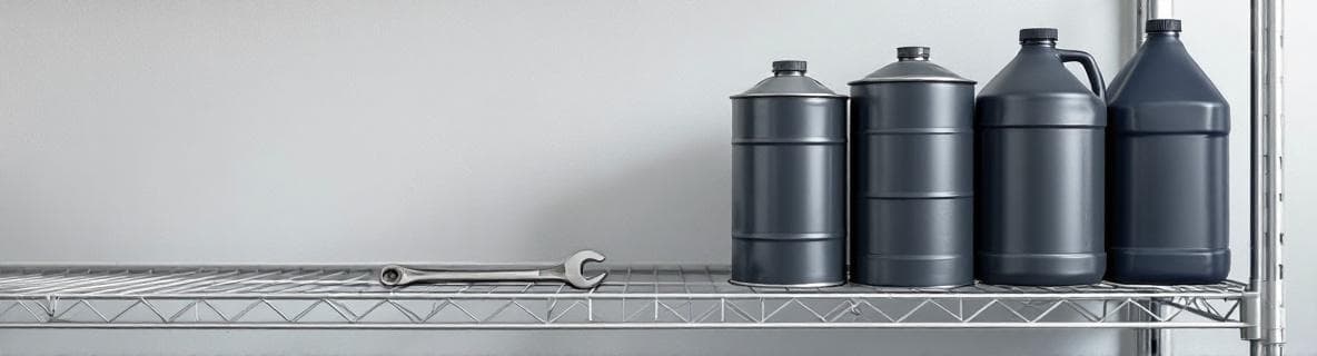 Representative maintenance product category image with lubricant cans and industrial jugs on shelving