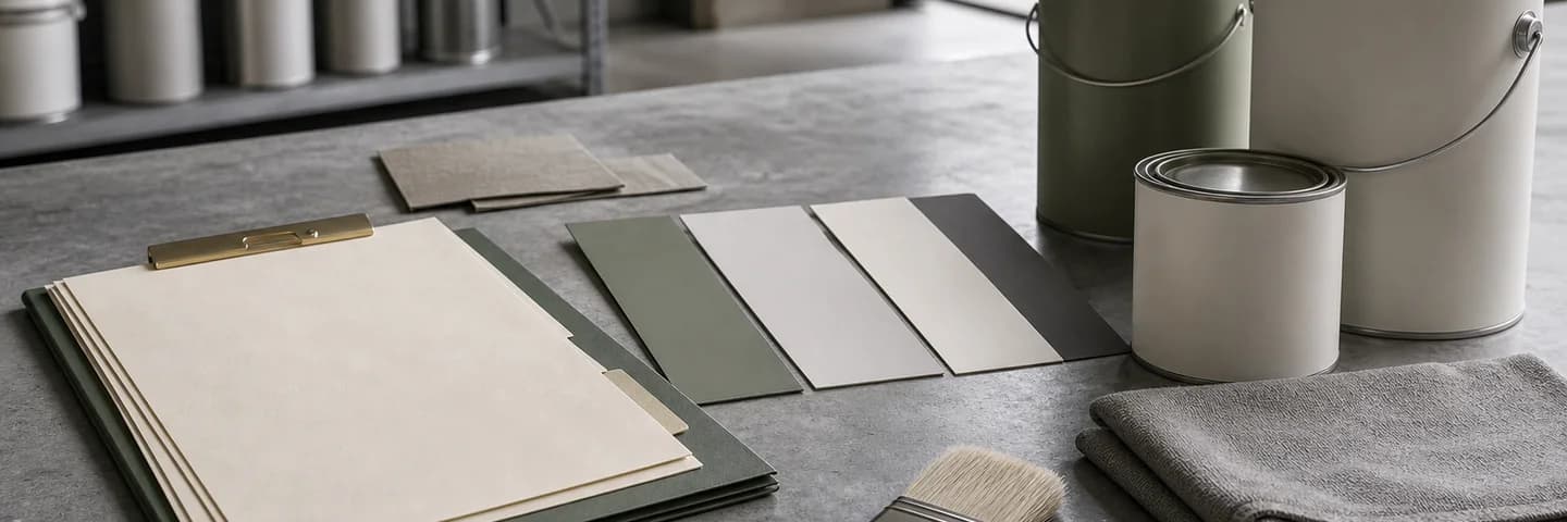 Unbranded institutional paint cans, coating buckets, sample boards, and specification notes staged for facility maintenance