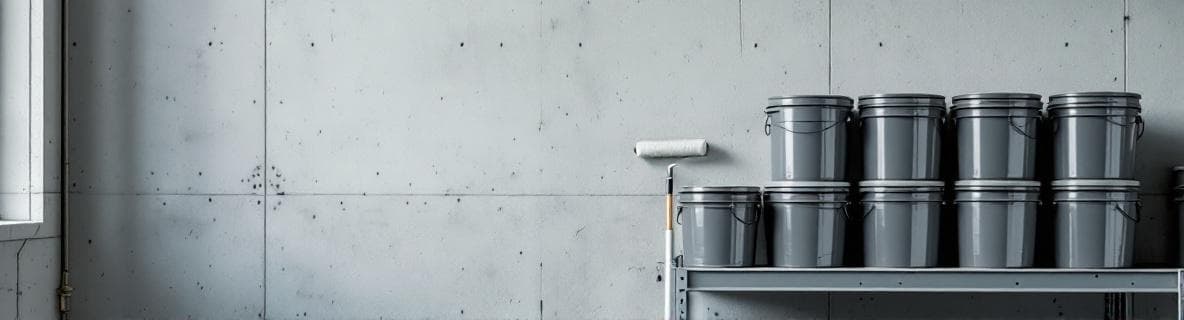 Government maintenance bay with institutional paint buckets and gallon cans stacked on a gray metal utility shelf