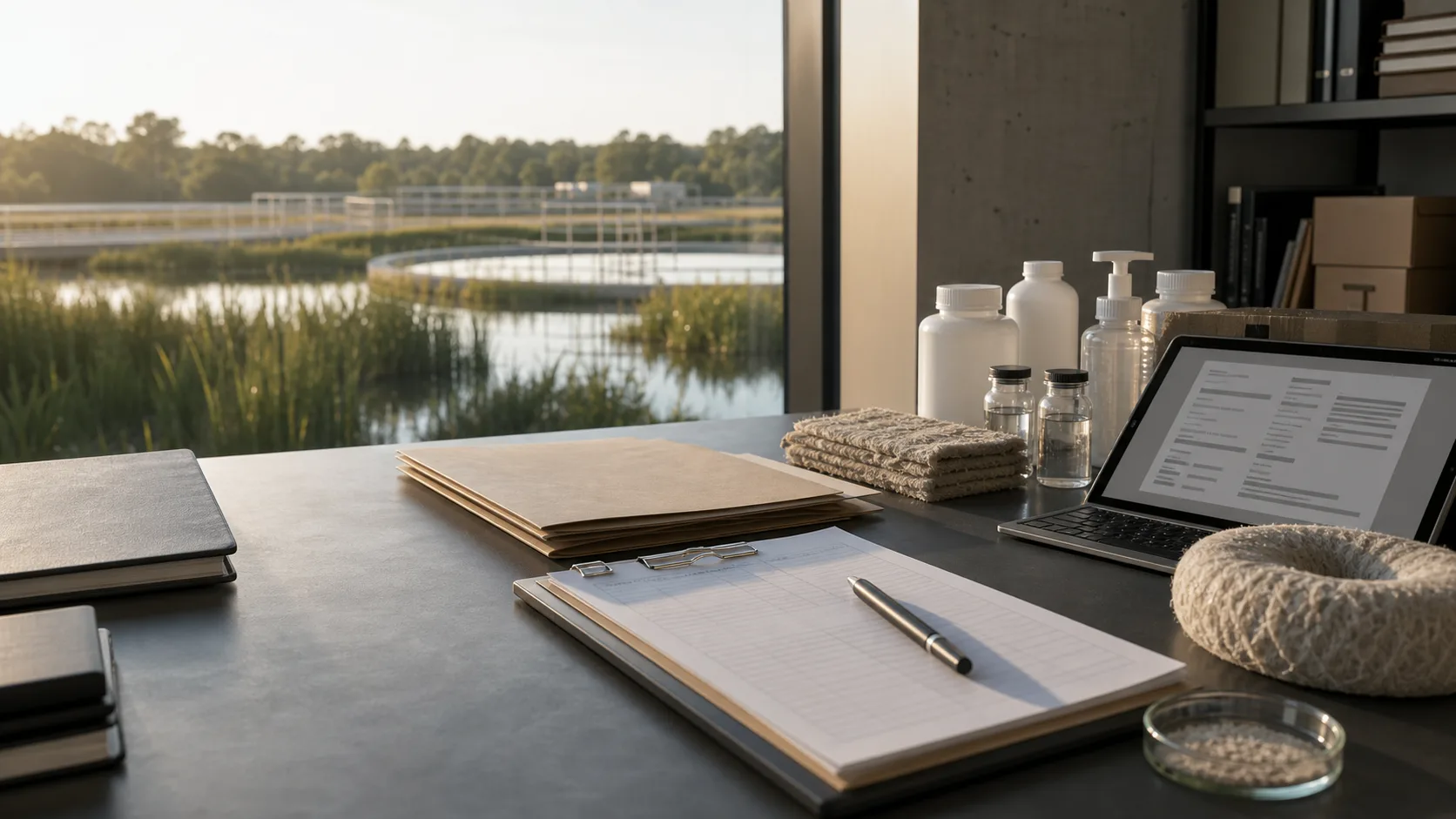 Federal procurement review workspace with water sample vials, evidence folders, biobased containers, and a managed wetland landscape beyond the window.
