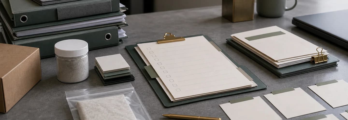 Prime contractor proposal review table with blank subcontractor documents, unbranded product sample, and organized evidence folders.