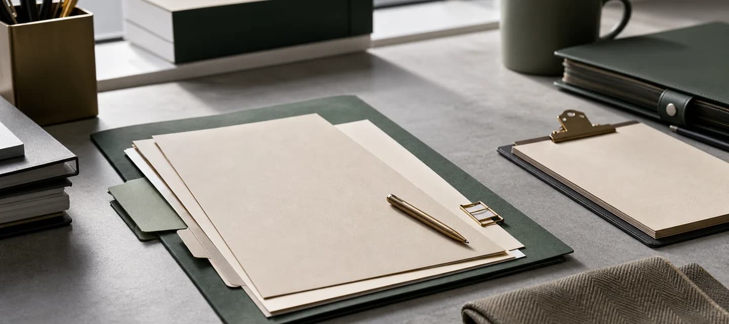 SDVOSB proof packet with blank documentation folders, pen, and structured review materials on a graphite desk