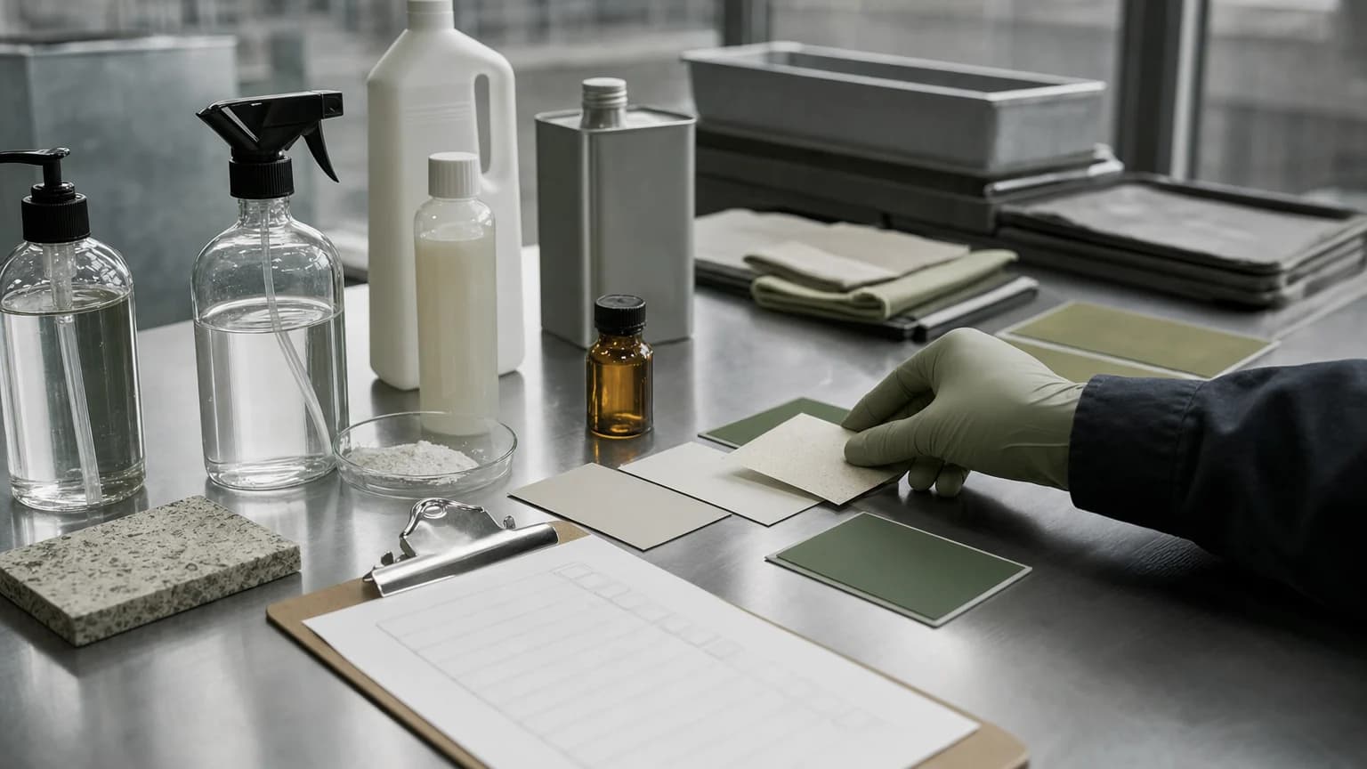 Biobased product samples arranged for practicability review on a stainless evaluation table