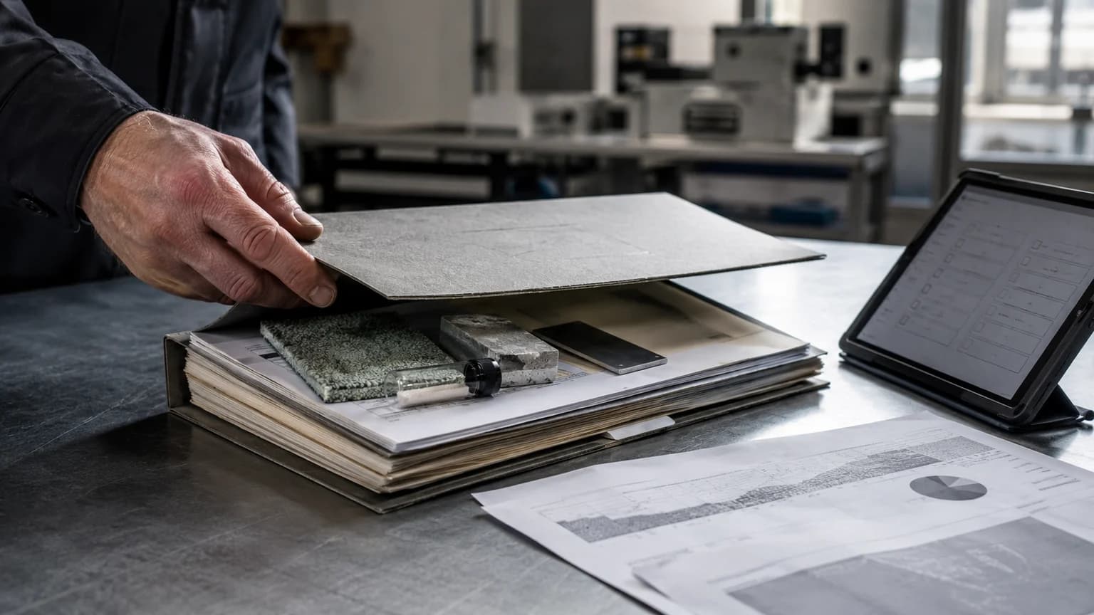 Order audit packet on review table with sealed evidence sleeve and product sample card