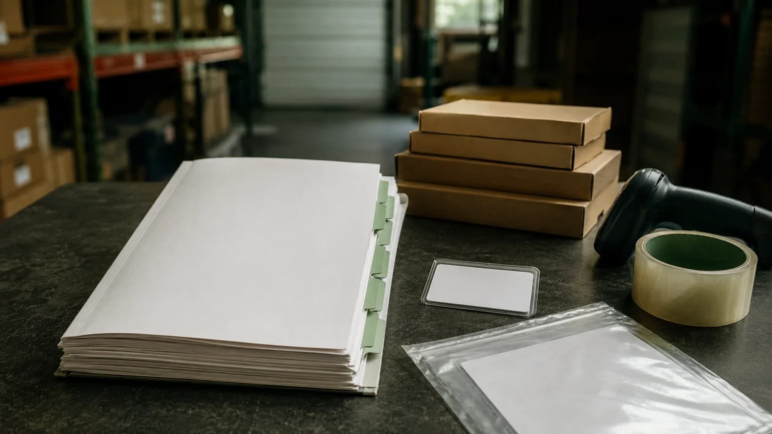 Distributor documentation packet with blank tabbed records, shipping materials, and warehouse context