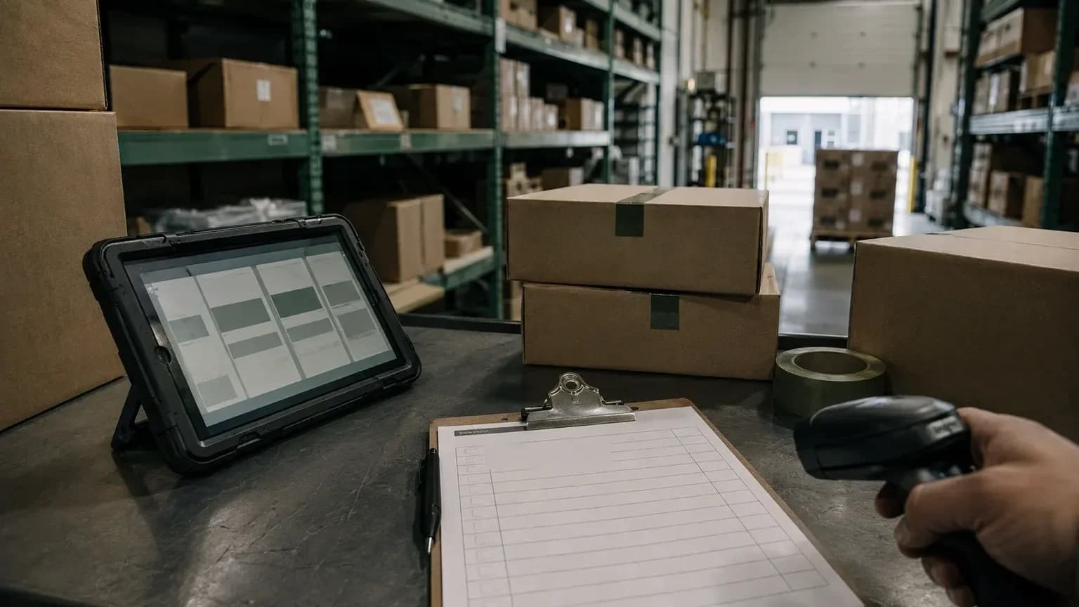 Warehouse inventory readiness review with tablet and neutral cartons