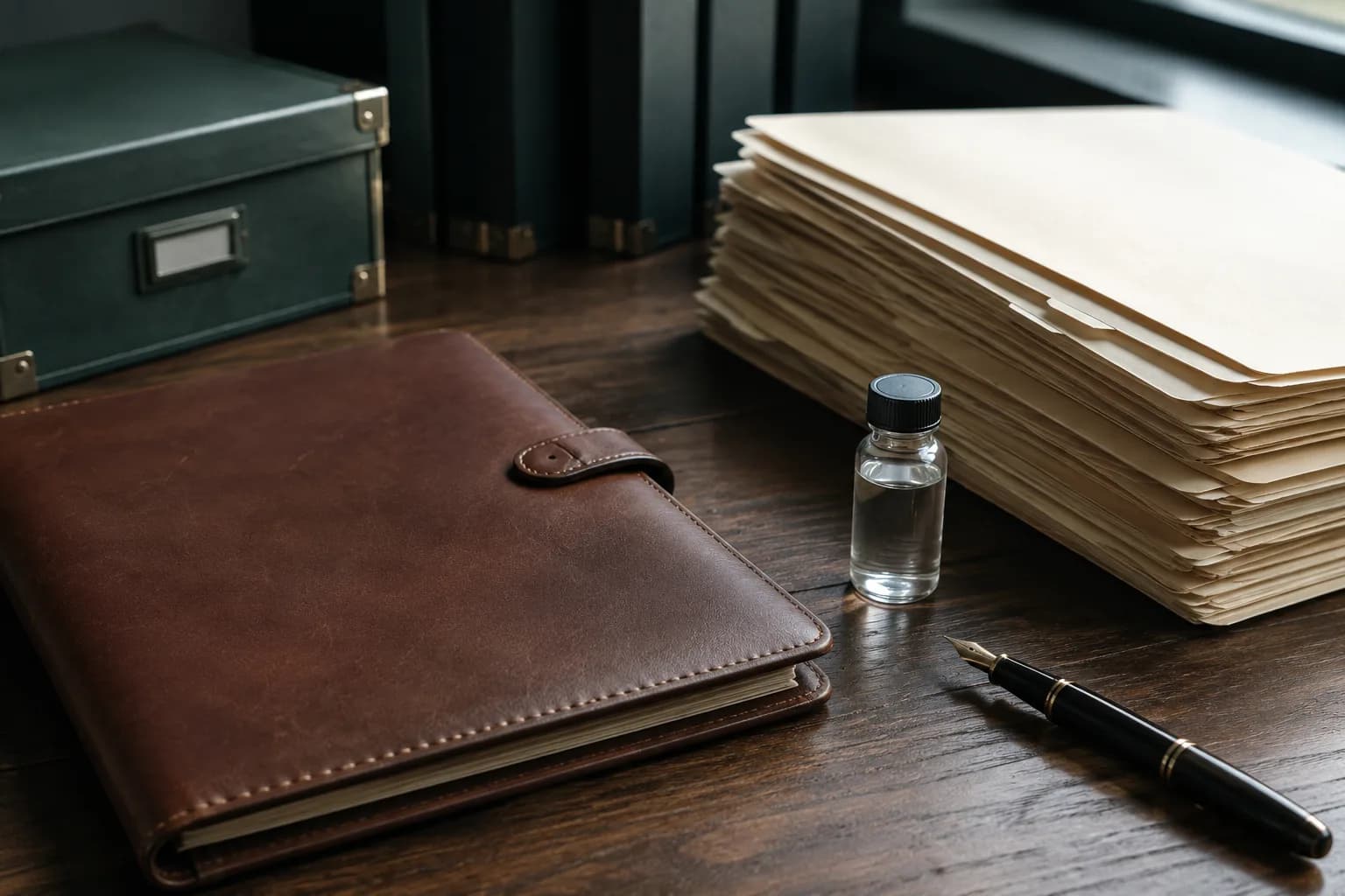 Editorial still life of a leather portfolio, manila procurement folders, a sealed sample vial, and a fountain pen on a dark desk