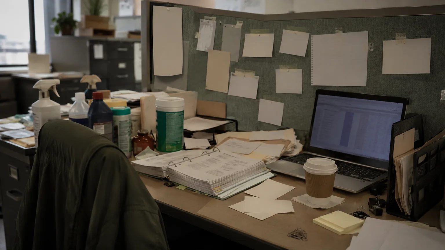 Cluttered buyer workspace with product samples, pinned blank notes, binders, and a laptop spreadsheet