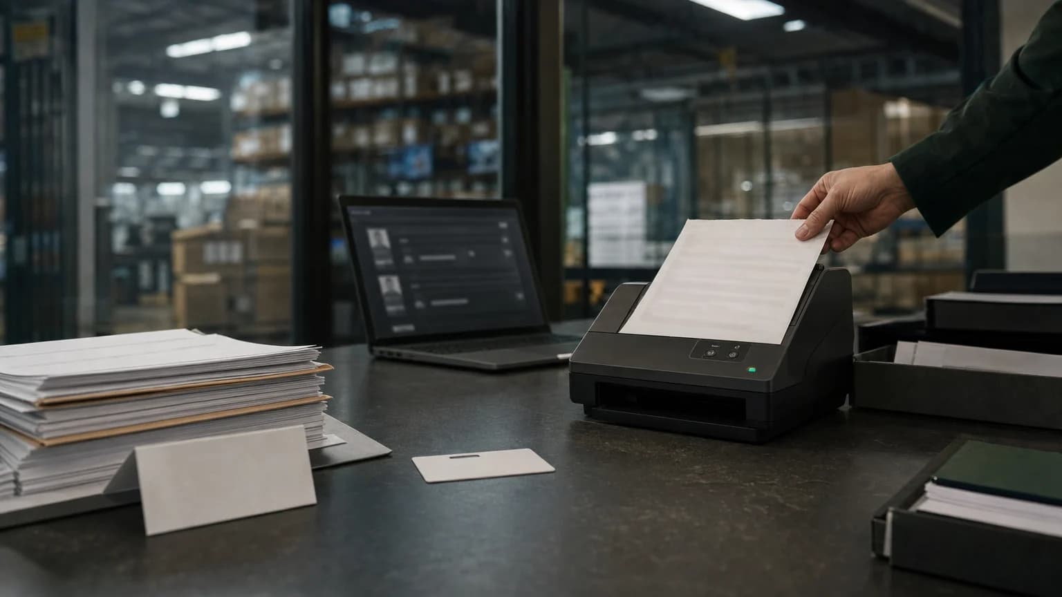 Vendor onboarding desk with document scanner, entity records, and operations workspace