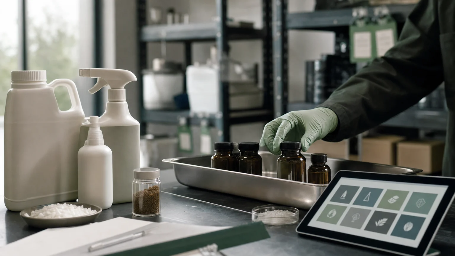 Biobased product evaluation bench with sample containers and abstract category decision screen