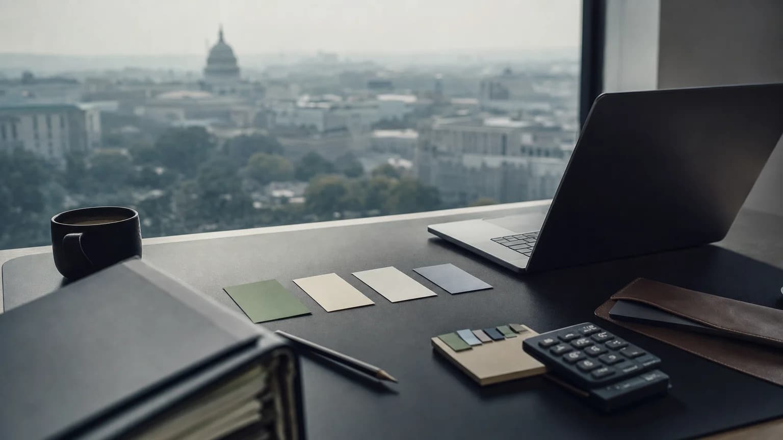 Contracting officer threshold decision workspace with civic skyline and procurement control materials