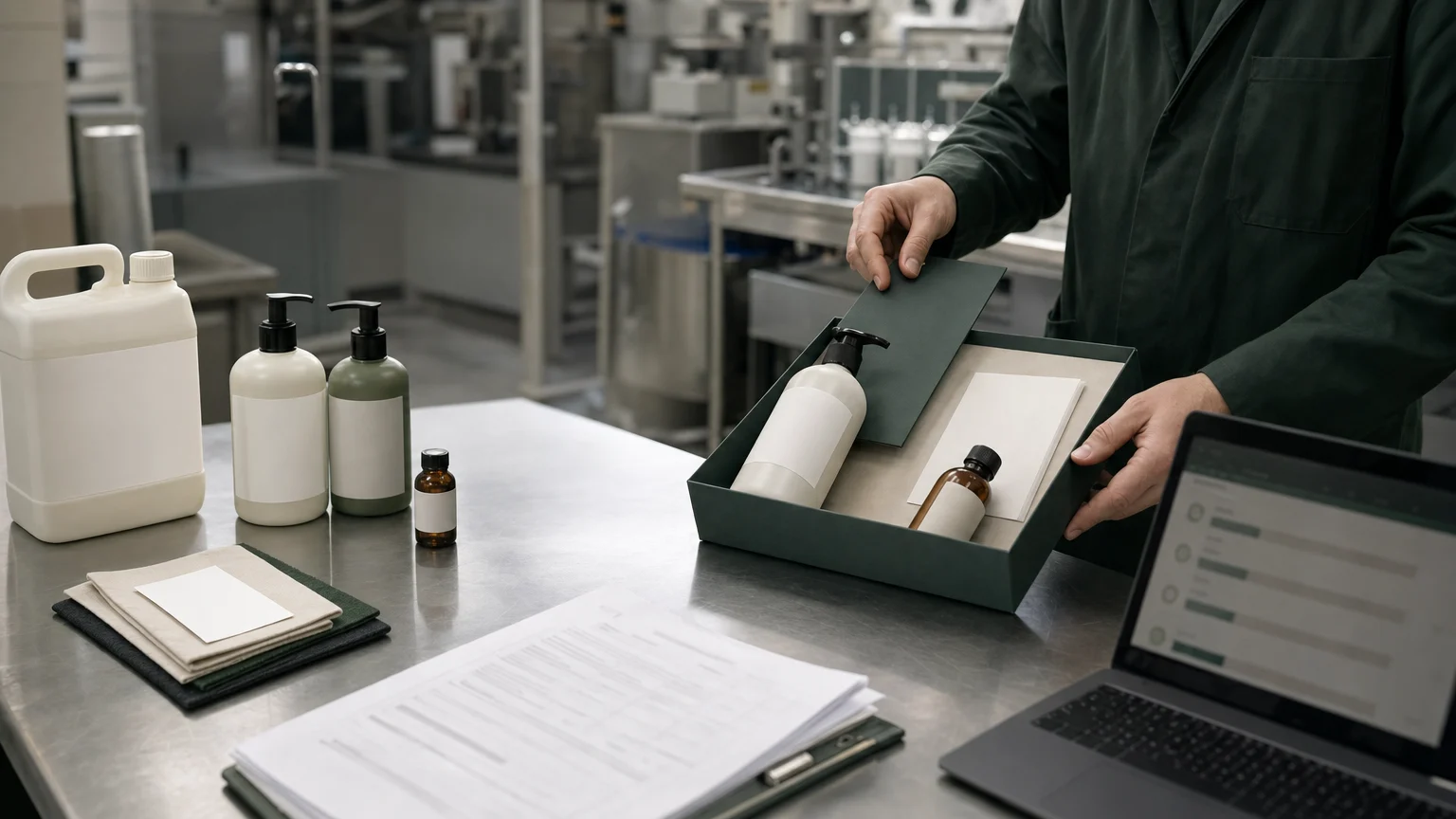 Manufacturer quality-control table with biobased product samples and onboarding evidence