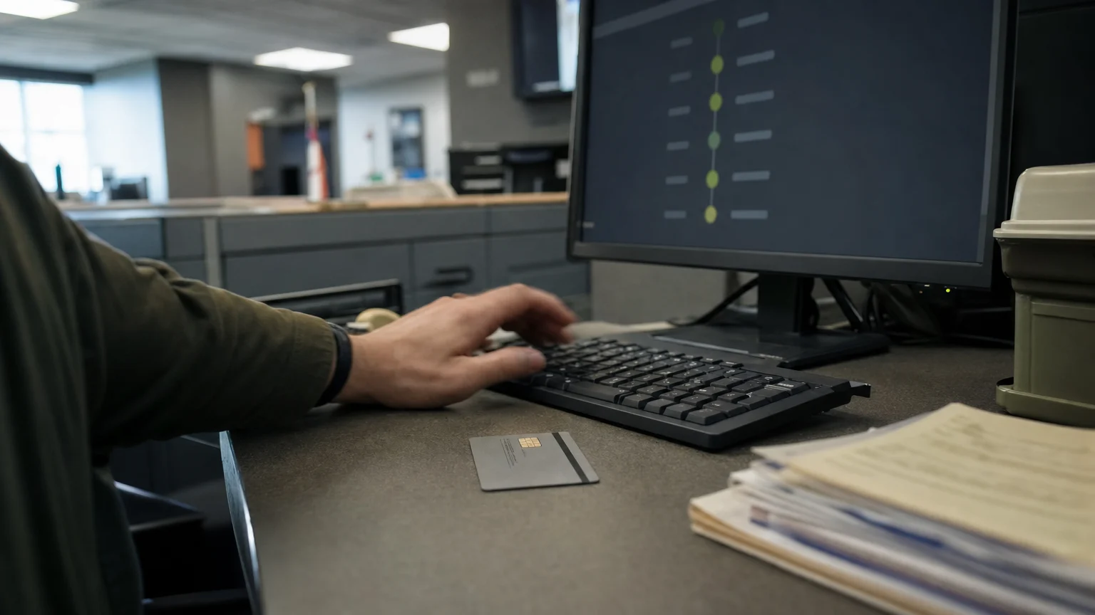 Government workstation with purchase card, approval workflow, and contract file documents