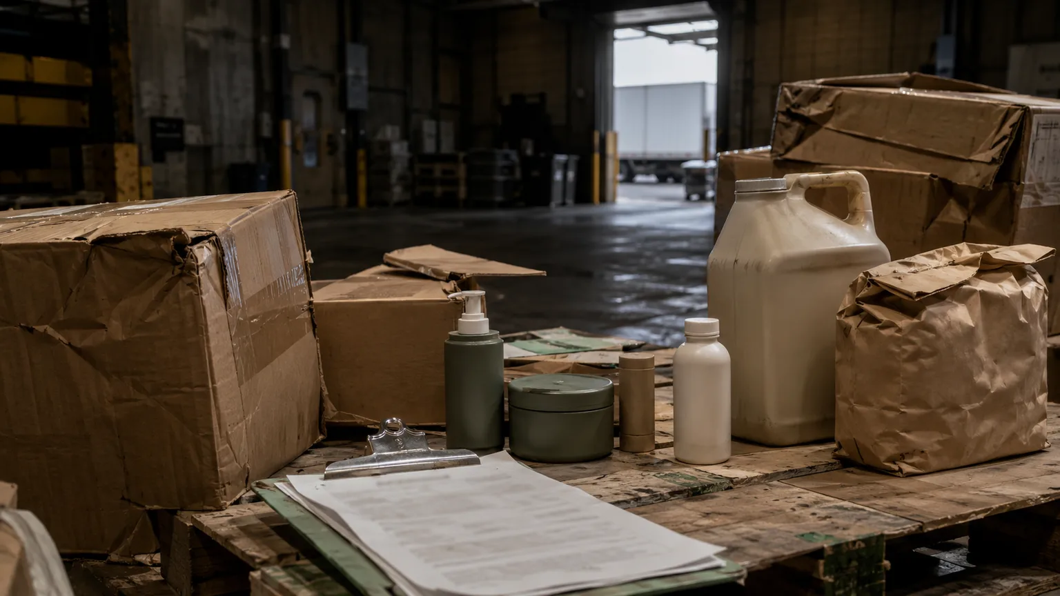 Warehouse receiving bay with delayed cartons, unlabeled facility supplies, and procurement paperwork on a pallet