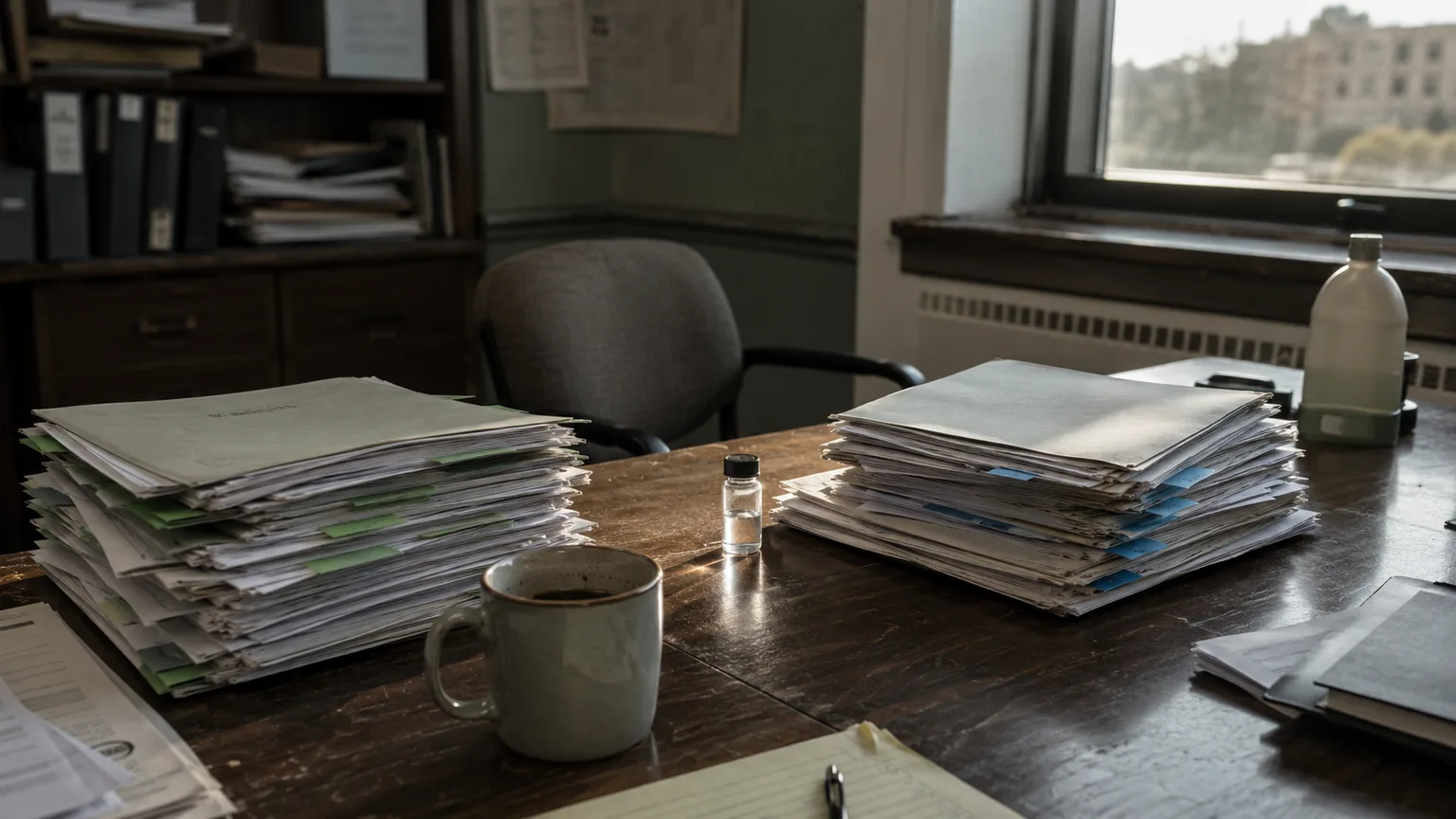 Lived-in procurement review table with disclosure packets, colored tabs, a sample vial, and an unlabeled product bottle