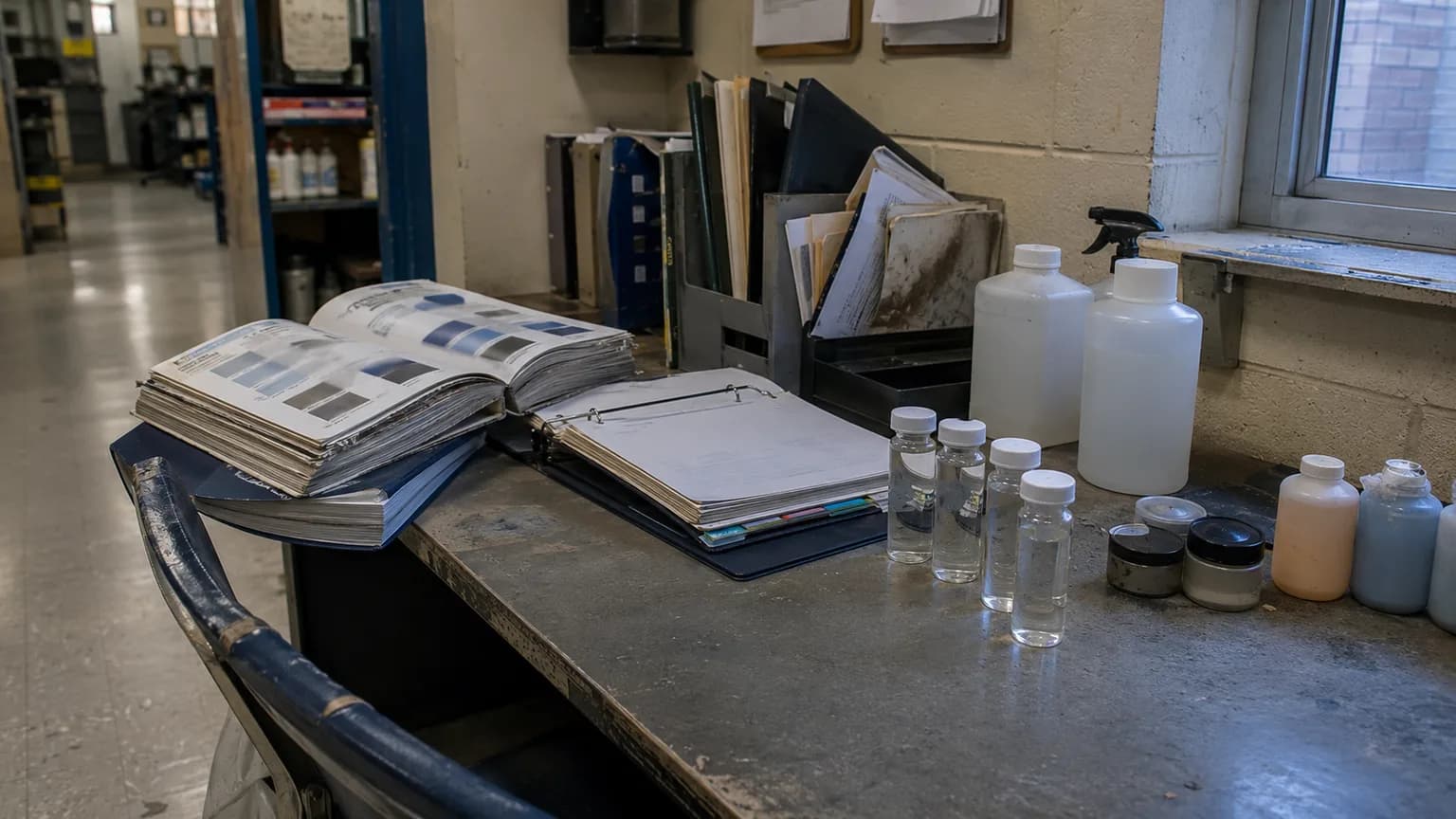 Back-room federal facility maintenance desk with sample vials, product containers, binders, and worn operations materials
