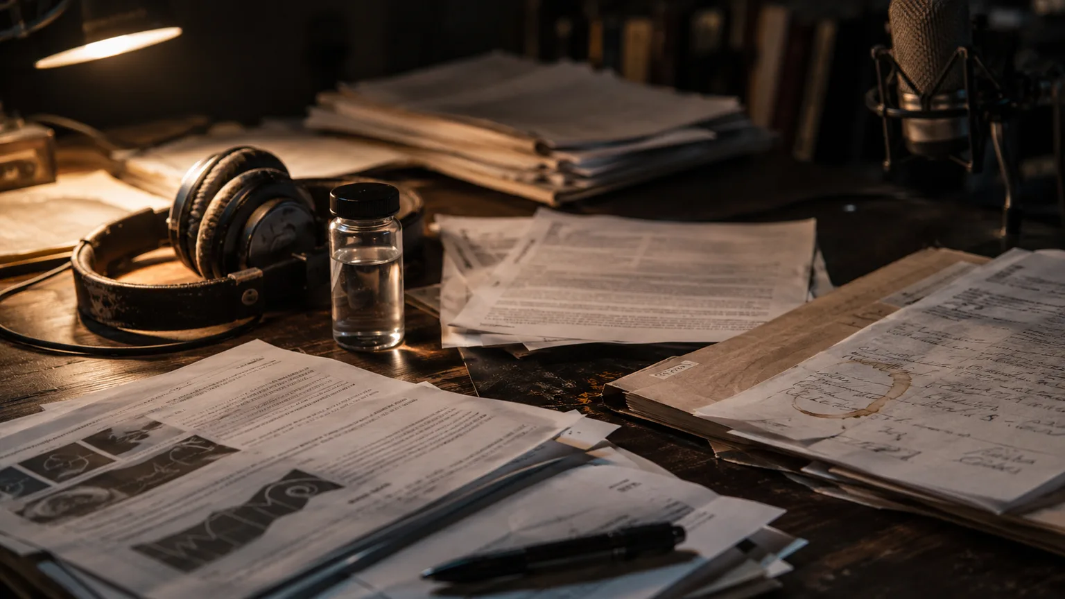 Late-night research desk with headphones, microphone, environmental papers, and a sealed water sample vial