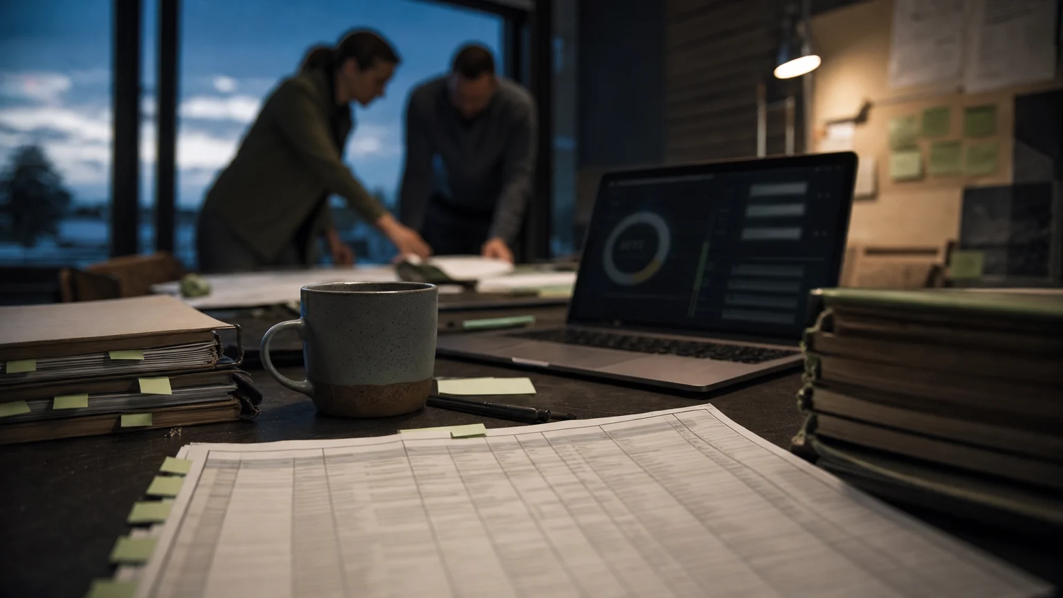 Proposal war room table with supplier evidence folders and deadline review materials