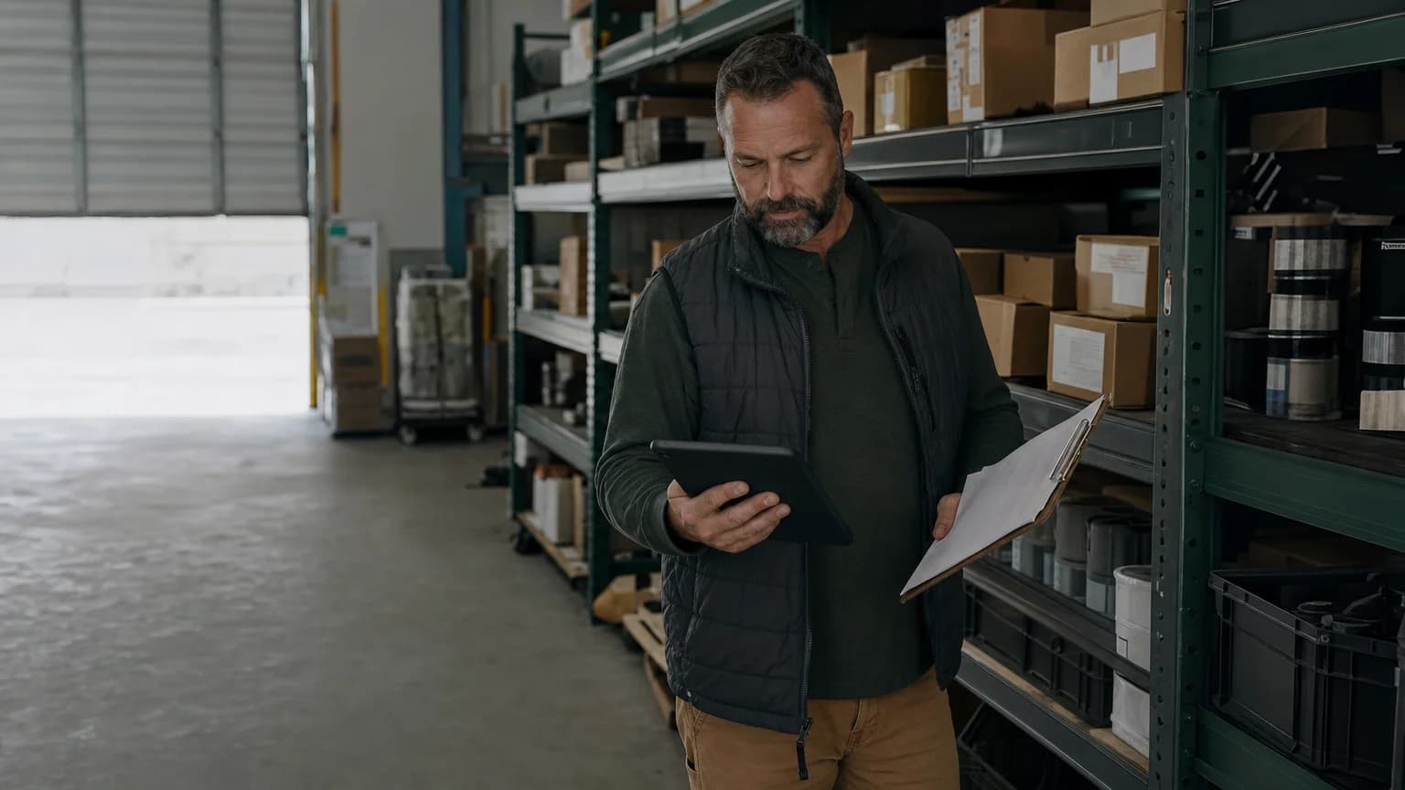 Small business distribution operator reviewing inventory status in a warehouse office