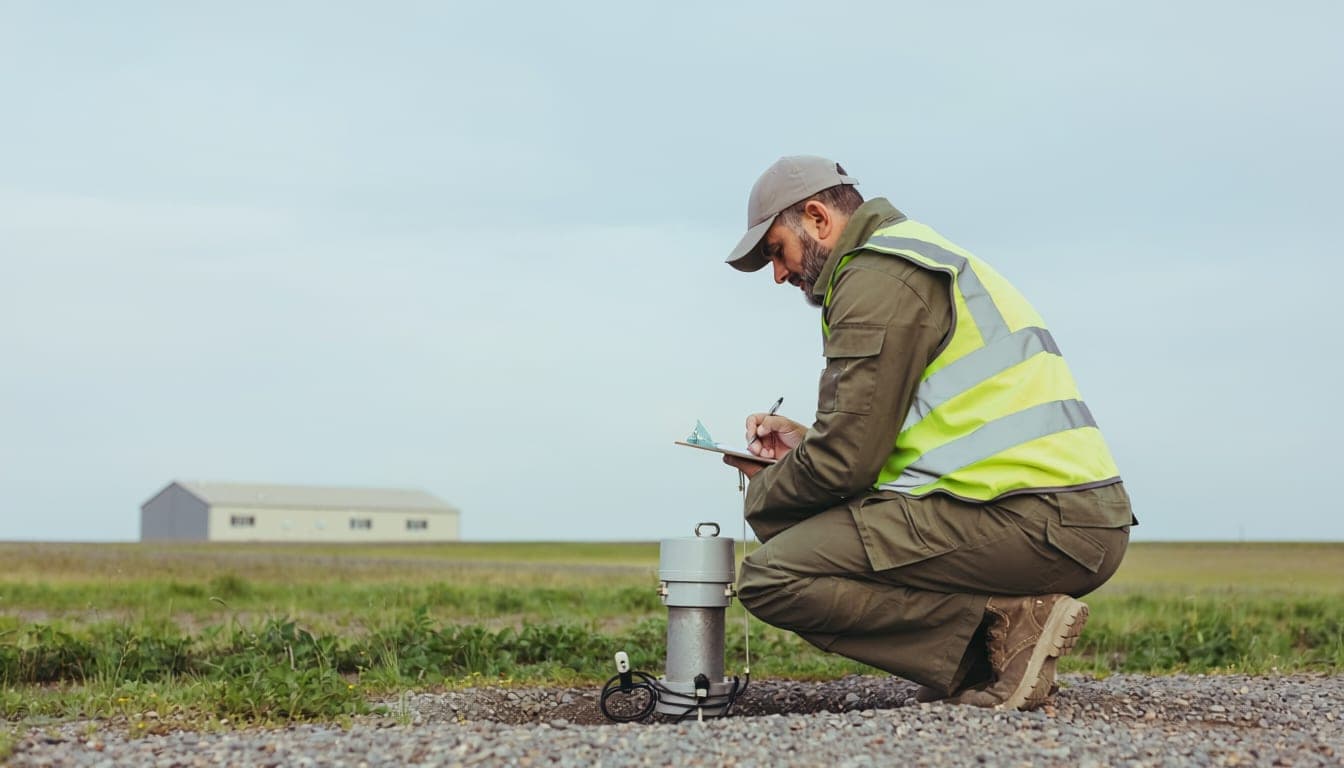 Environmental field technician in a high-visibility vest documenting readings at a capped groundwater monitoring well, a low federal facility on the horizon.
