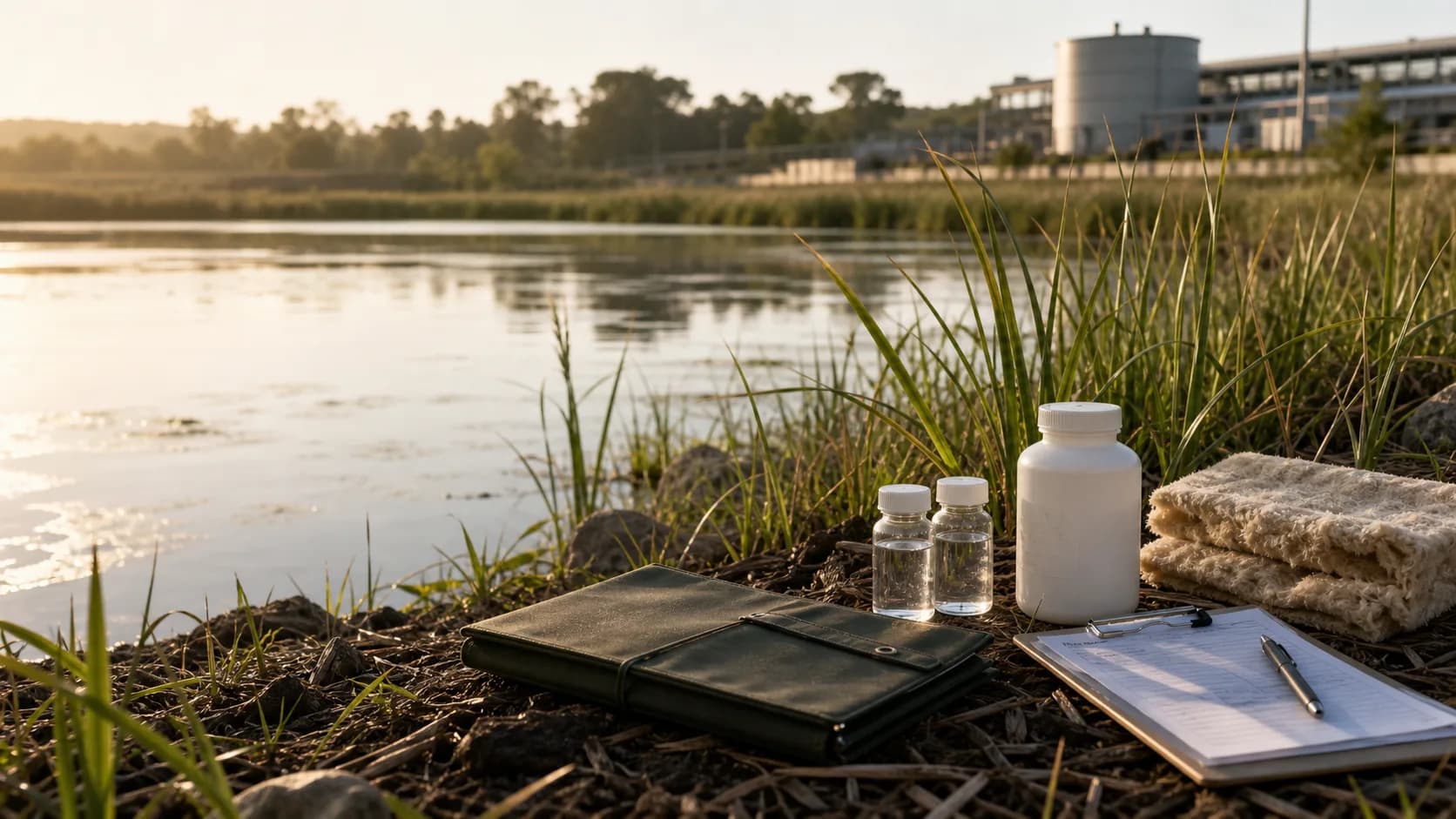 Warm clean-water field review scene with sample vials, evidence folders, biobased containers, and plant-fiber absorbent material staged near a wetland edge.