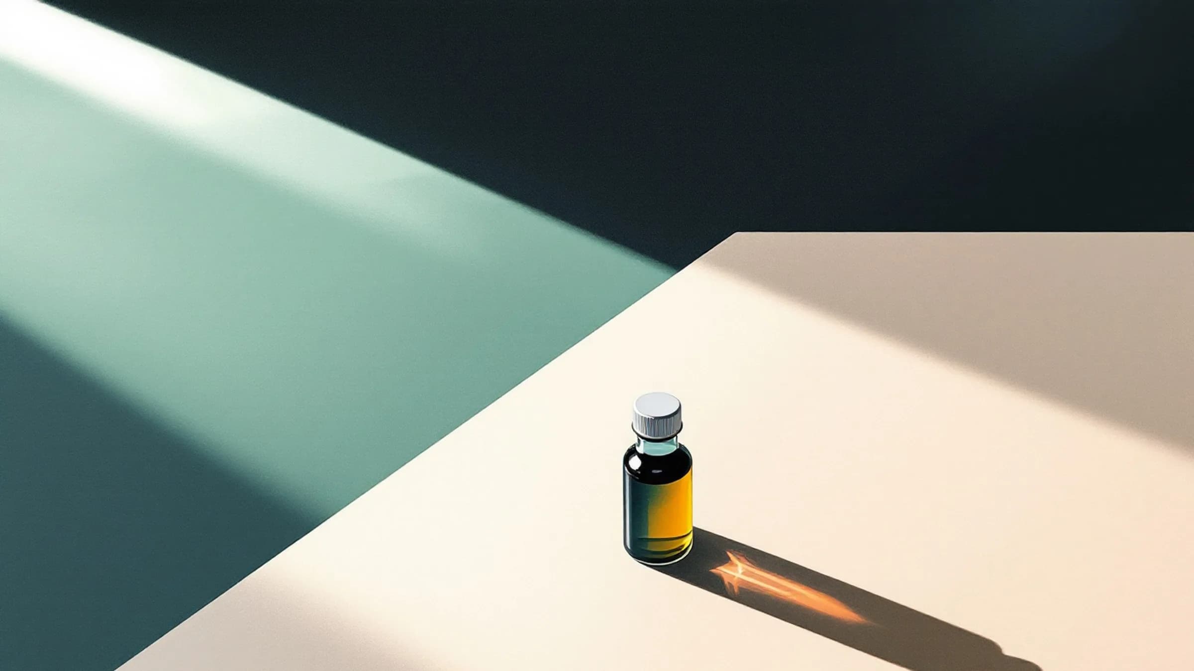 Gouache illustration: a single sealed sample bottle on a wide empty table, its long shadow reaching toward a distant waterline.