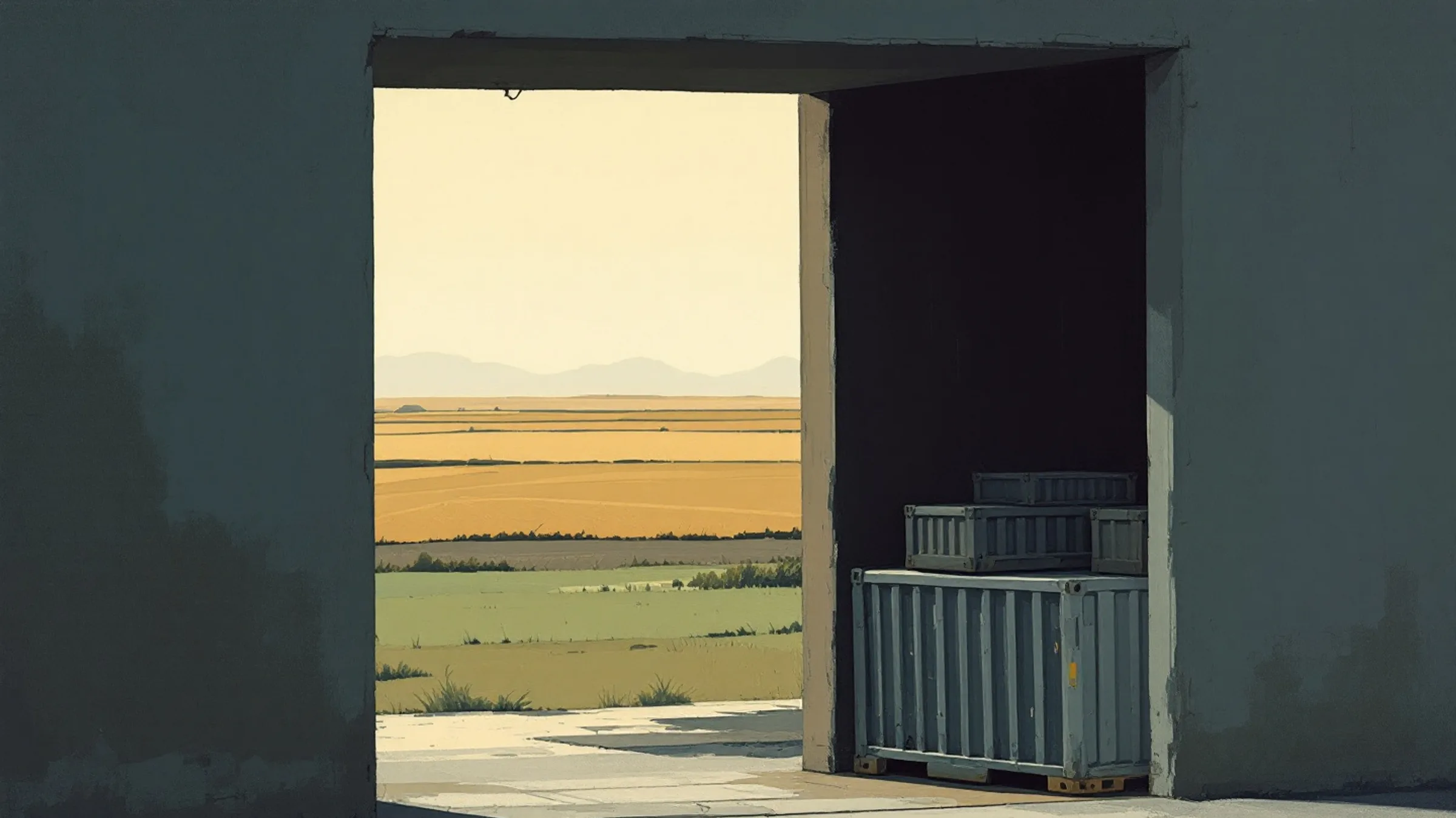 Gouache illustration: plain stacked containers inside a wide open doorway, ploughed fields receding to a low horizon beyond.