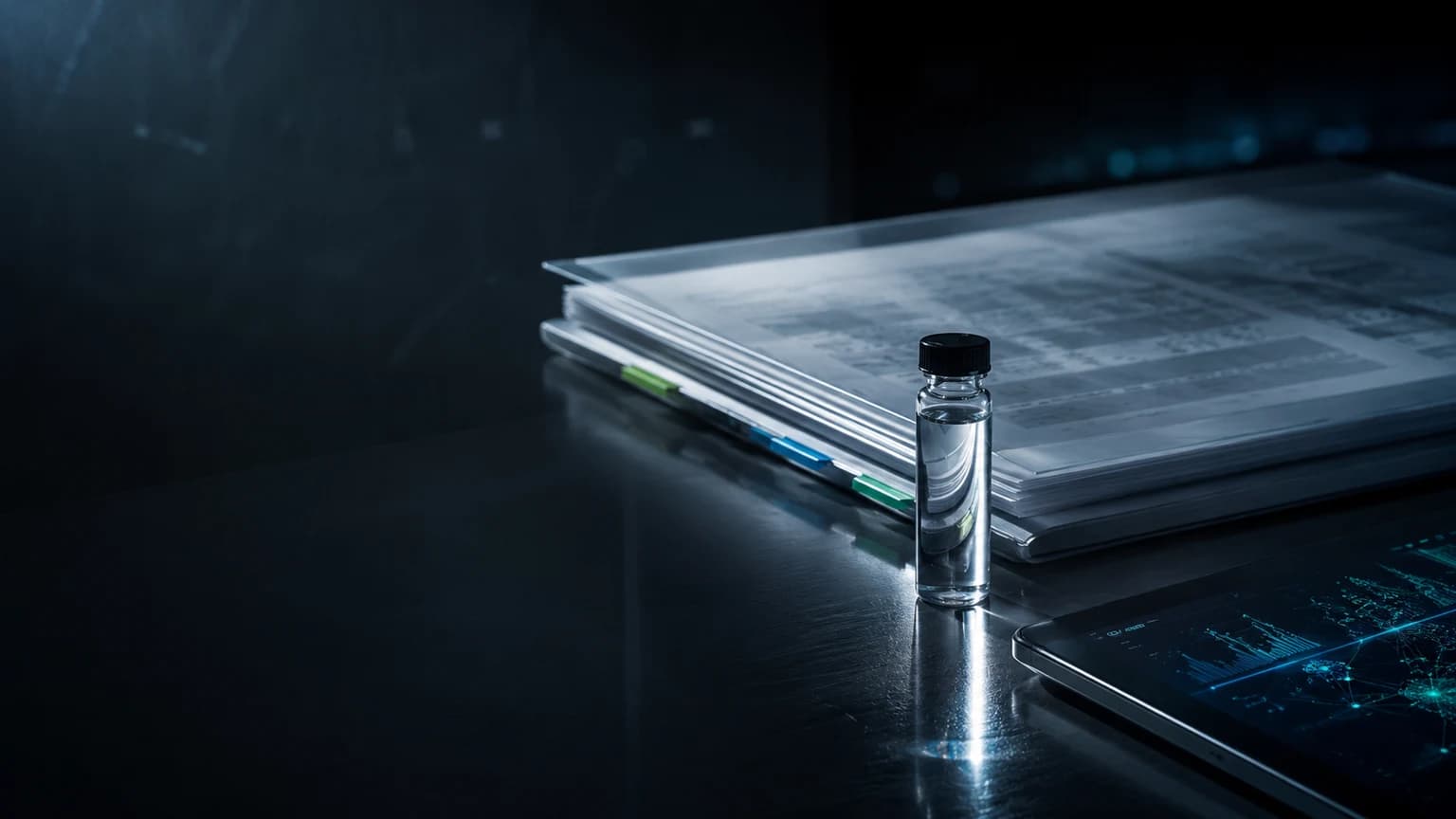 PFAS audit packet with procurement records, sample vial, and abstract risk markers on a dark field-office table