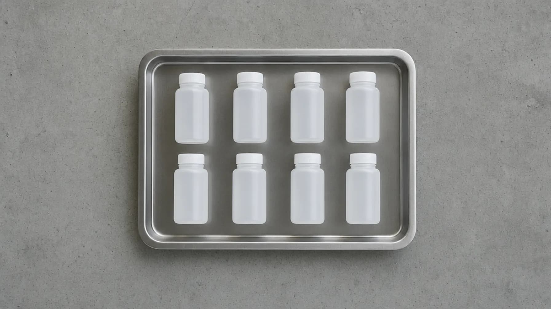 A stainless steel laboratory tray on a concrete bench, holding eight identical capped translucent sample bottles in two rows.