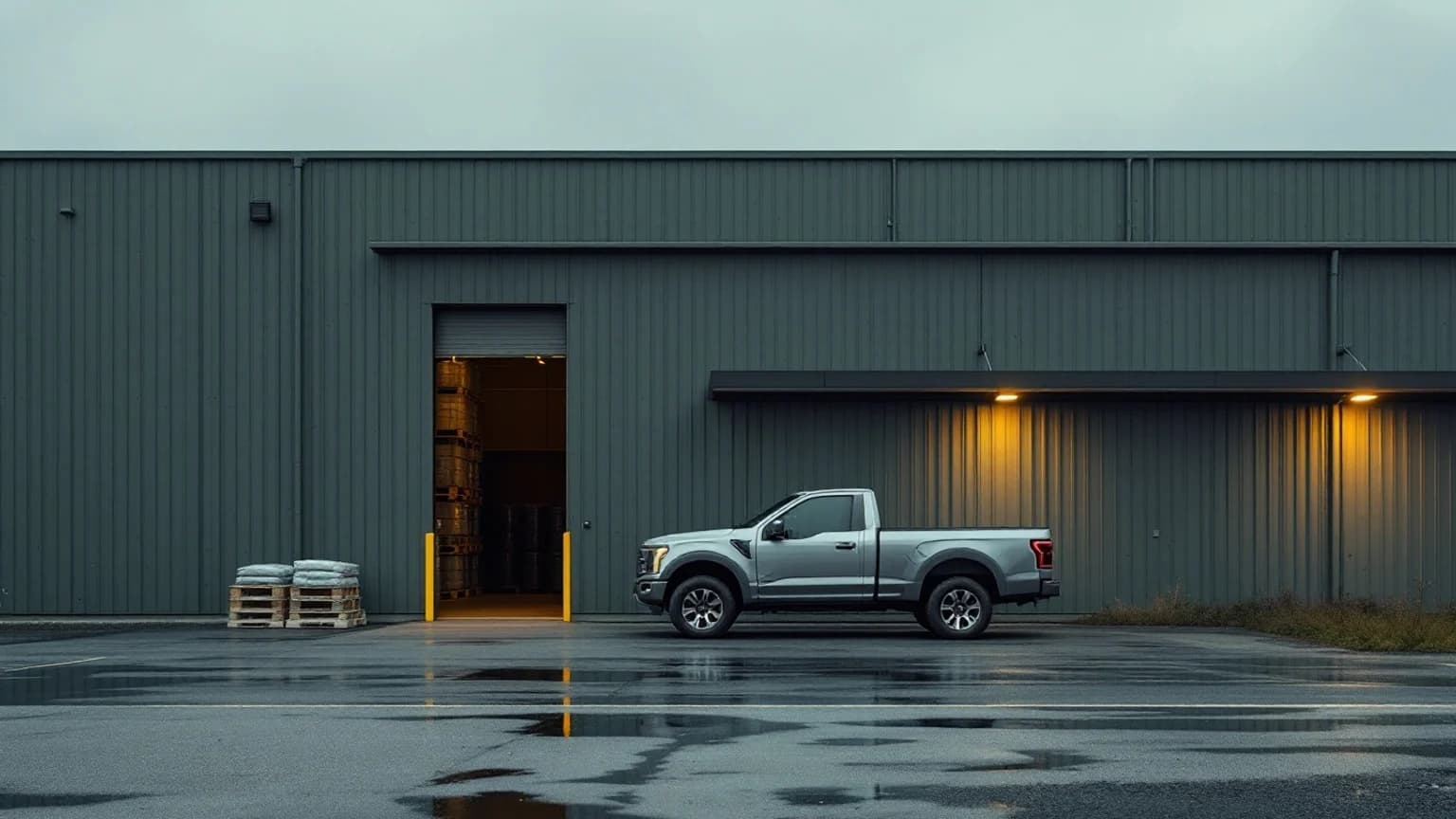Mid-grey pickup truck parked at the loading bay of a quiet federal-style industrial warehouse in overcast pre-dawn light.