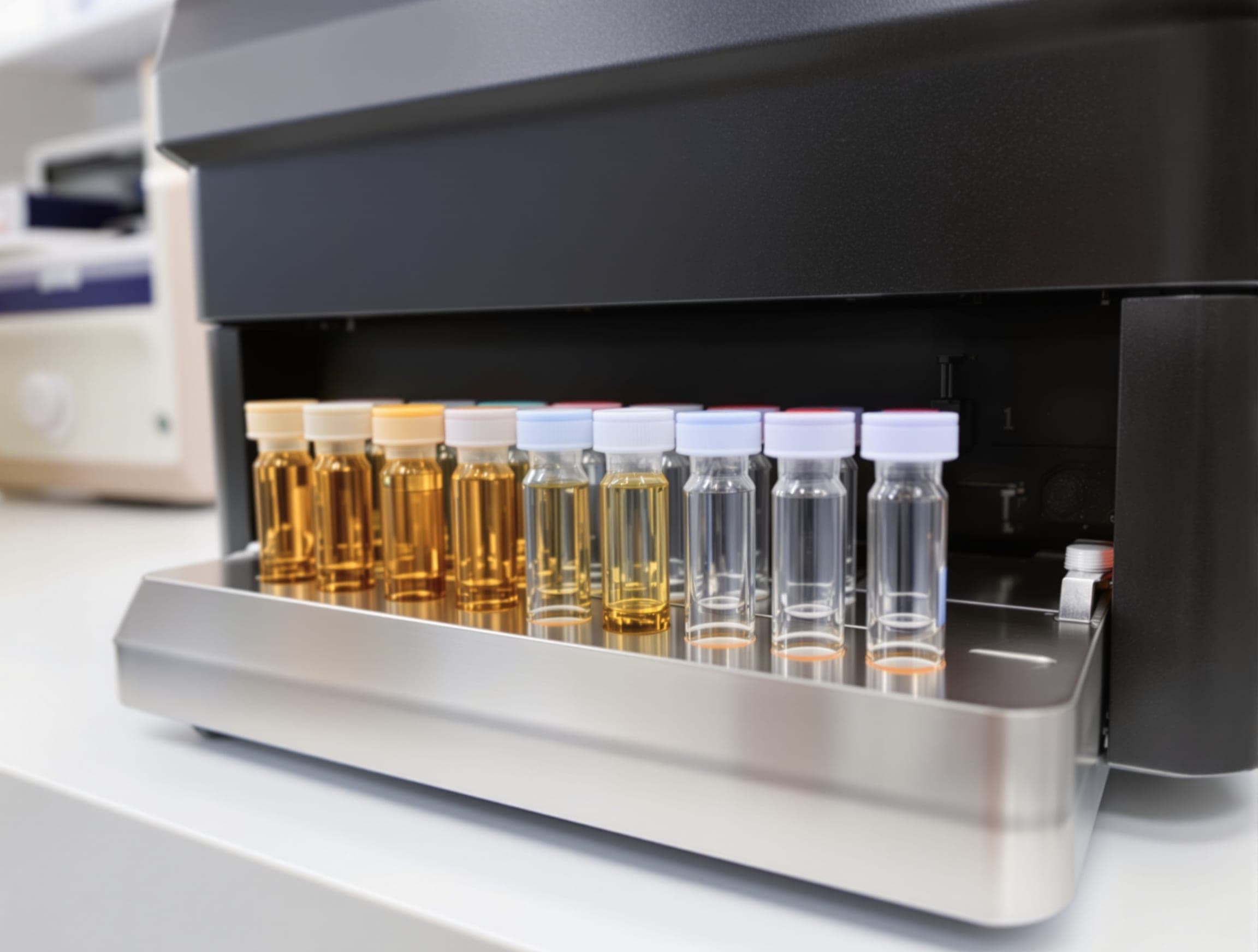Sealed amber and clear water-sample vials in the stainless autosampler tray of a laboratory instrument used for PFAS analysis.