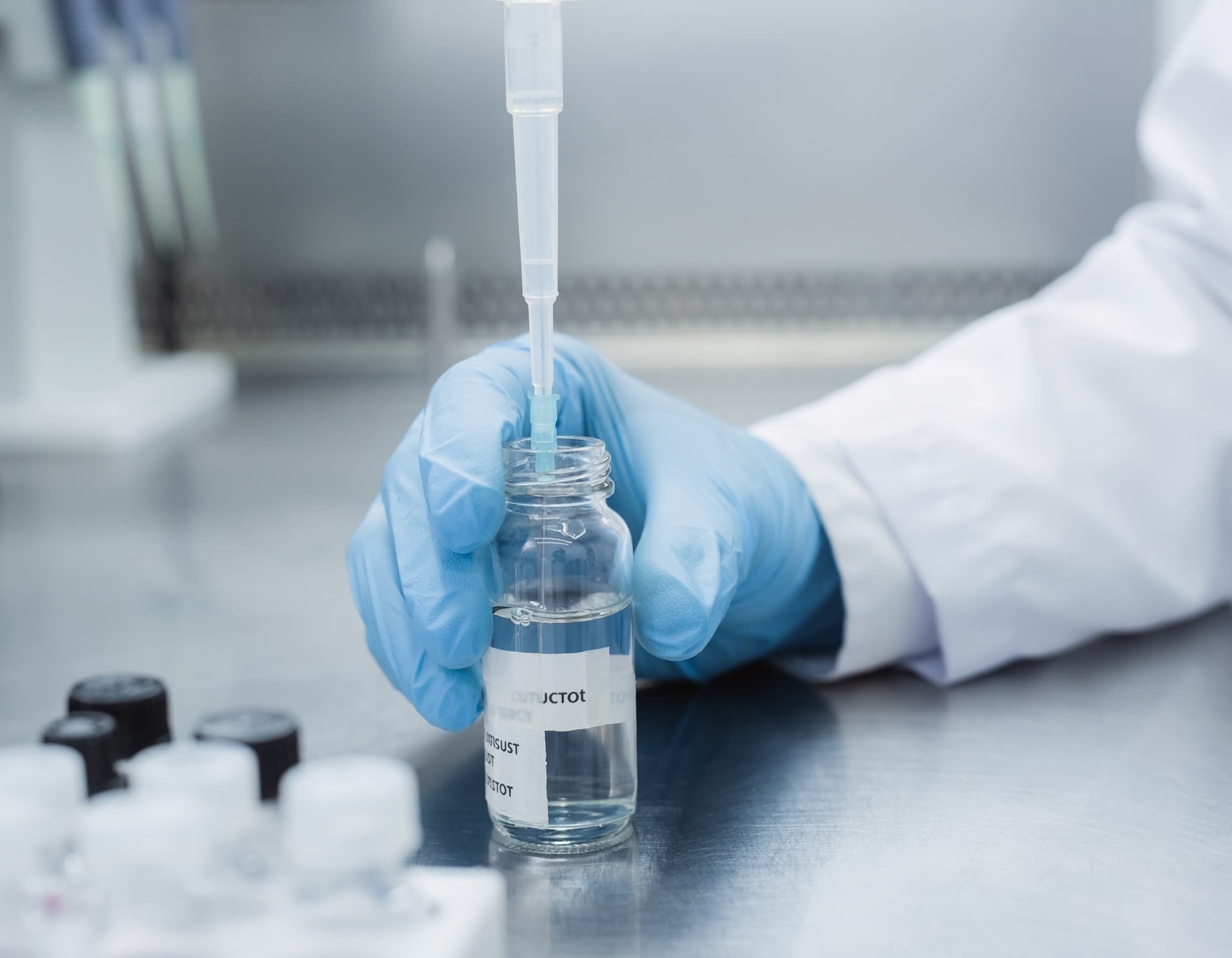 Nitrile-gloved hand drawing a water sample into a chain-of-custody-labeled vial.