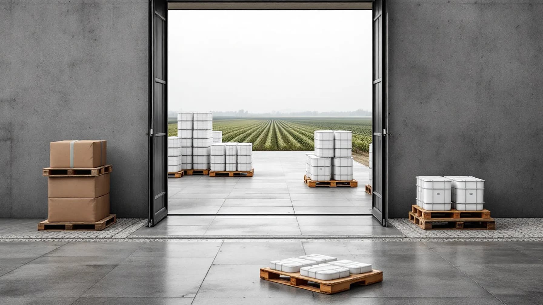 Plain stacked pallets of unmarked white containers inside a concrete loading bay, the open doorway framing cultivated farmland under even grey light.